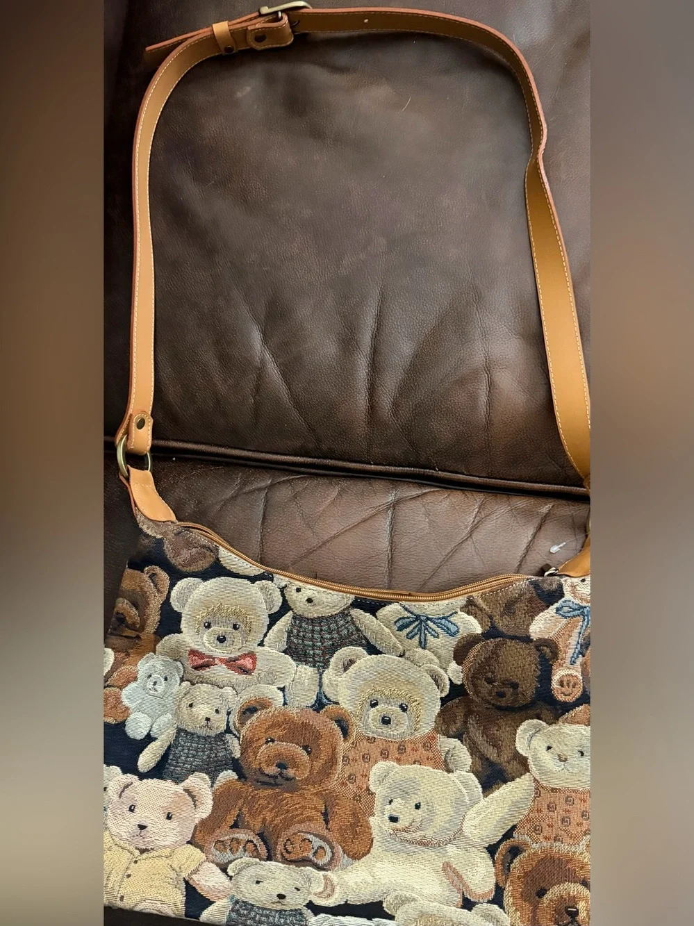 Teddy Bear Tapestry Shoulder Bag in Brown